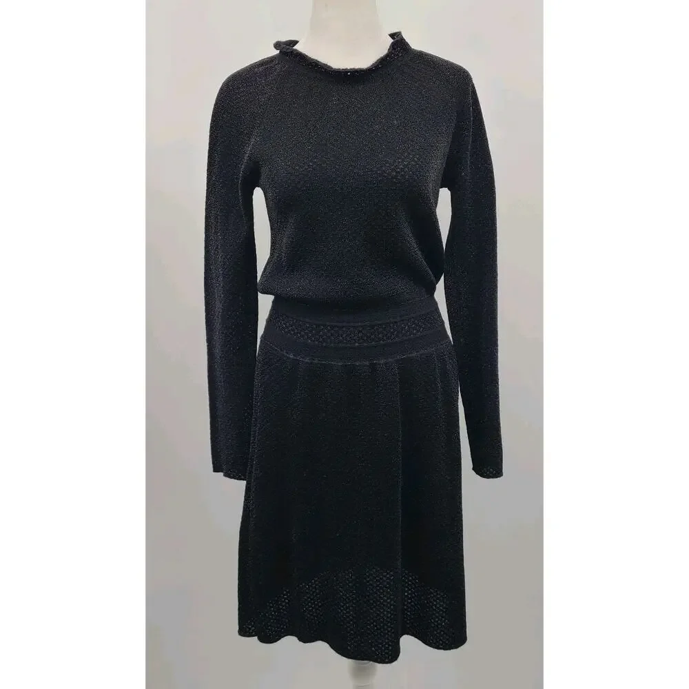 Tory Burch Black Isabelle Wool Knit Dress XS Sweater Semi Sheer Ruffle Neck‎